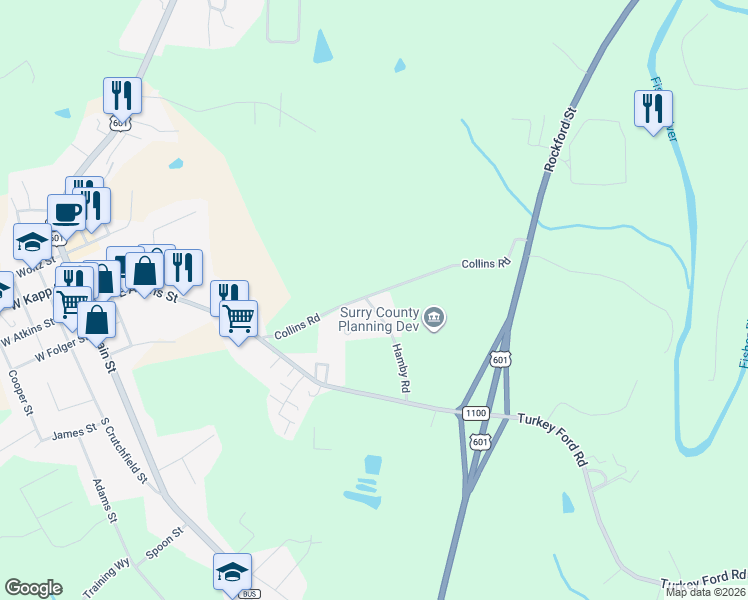 map of restaurants, bars, coffee shops, grocery stores, and more near 313 Collins Road in Dobson
