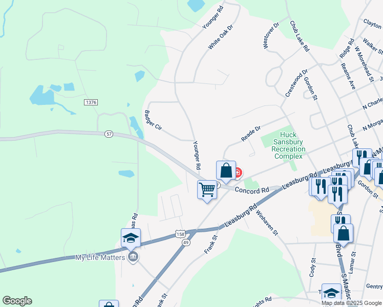 map of restaurants, bars, coffee shops, grocery stores, and more near 121 Younger Road in Roxboro
