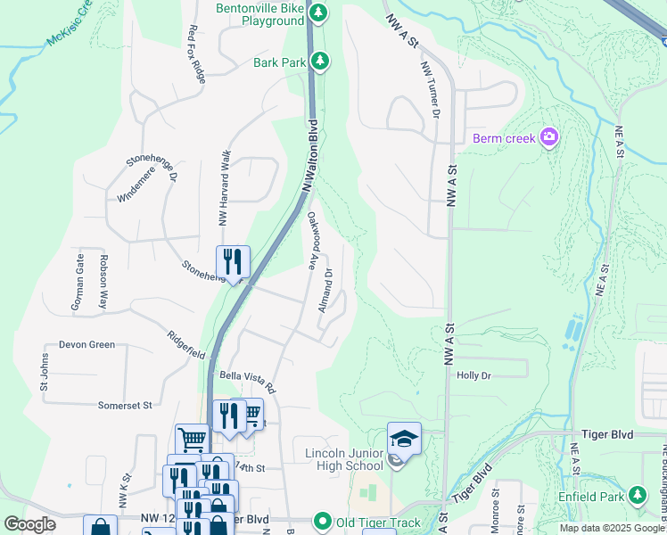 map of restaurants, bars, coffee shops, grocery stores, and more near 2104 Almand Drive in Bentonville