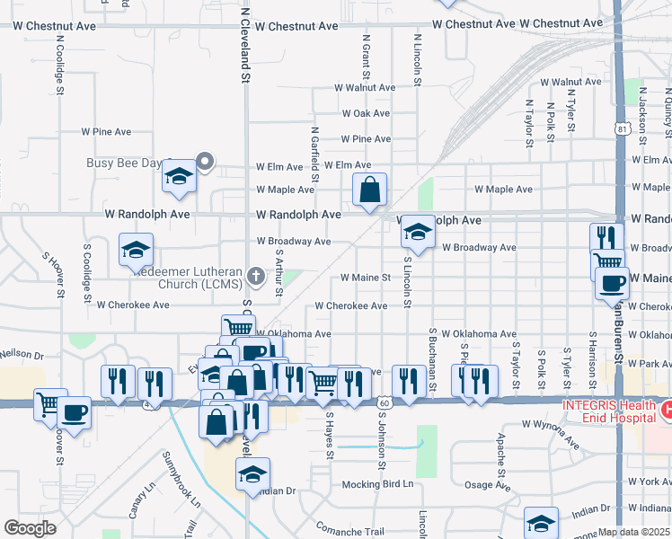 map of restaurants, bars, coffee shops, grocery stores, and more near 2800 West Maine Street in Enid