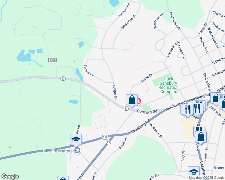 map of restaurants, bars, coffee shops, grocery stores, and more near 121 Younger Road in Roxboro