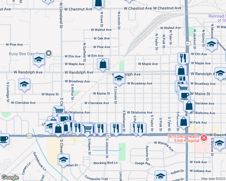 map of restaurants, bars, coffee shops, grocery stores, and more near 1806 West Maine Street in Enid