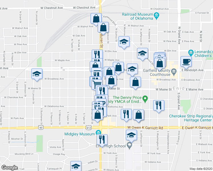 map of restaurants, bars, coffee shops, grocery stores, and more near 906 West Maine Street in Enid