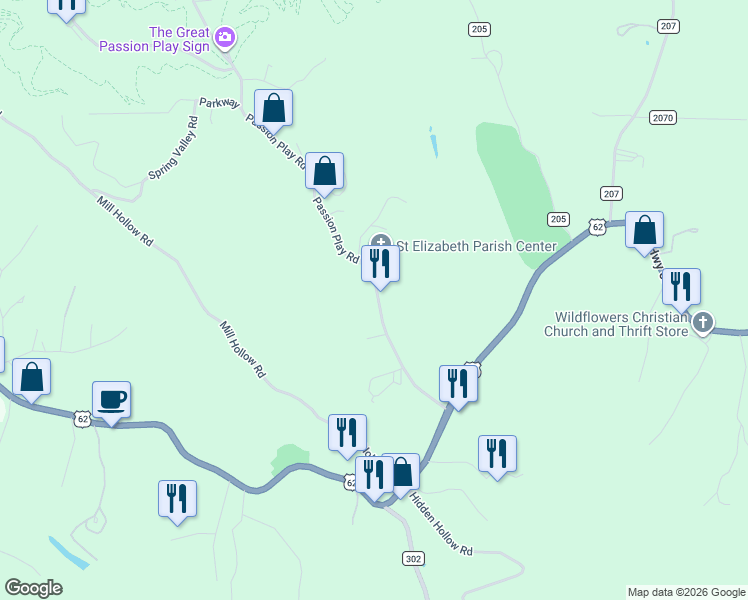 map of restaurants, bars, coffee shops, grocery stores, and more near 440 Passion Play Rd in Eureka Springs