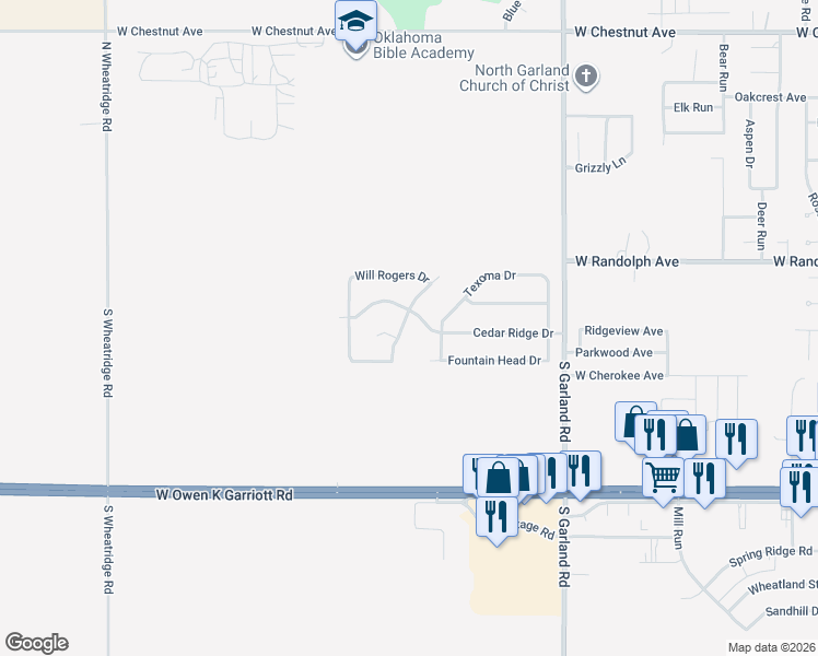 map of restaurants, bars, coffee shops, grocery stores, and more near 109 South Greenleaf Drive in Enid