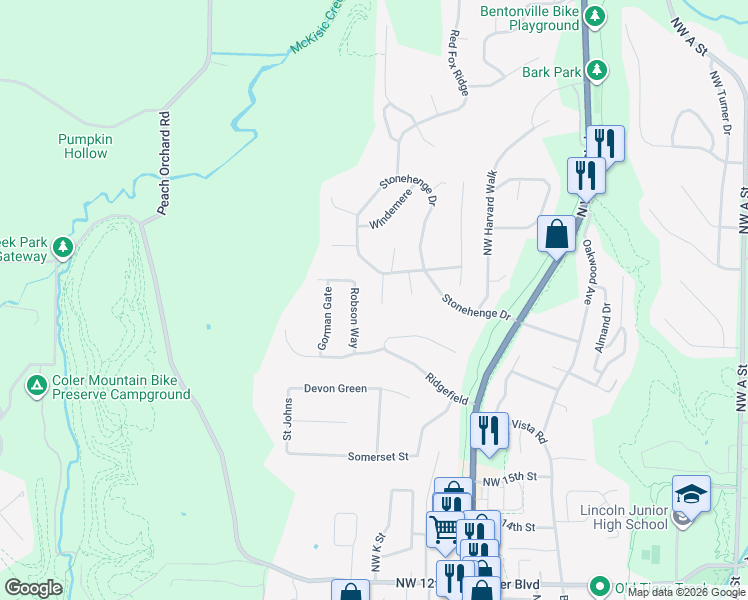map of restaurants, bars, coffee shops, grocery stores, and more near 5 Geyer Road in Bentonville
