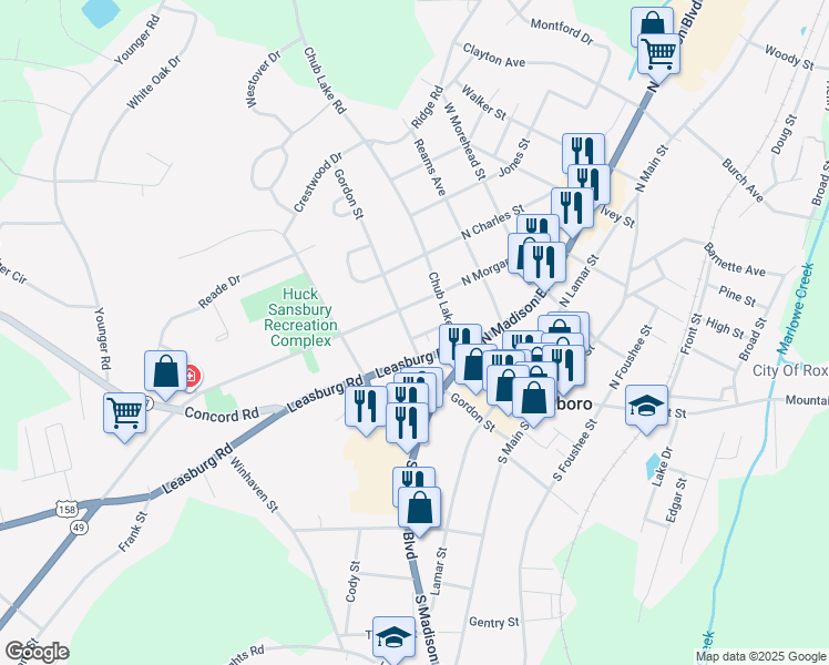 map of restaurants, bars, coffee shops, grocery stores, and more near 224 Gordon Street in Roxboro