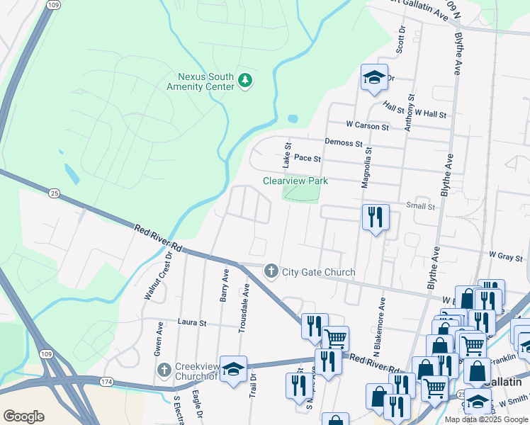 map of restaurants, bars, coffee shops, grocery stores, and more near 461 East Camp Trail in Gallatin