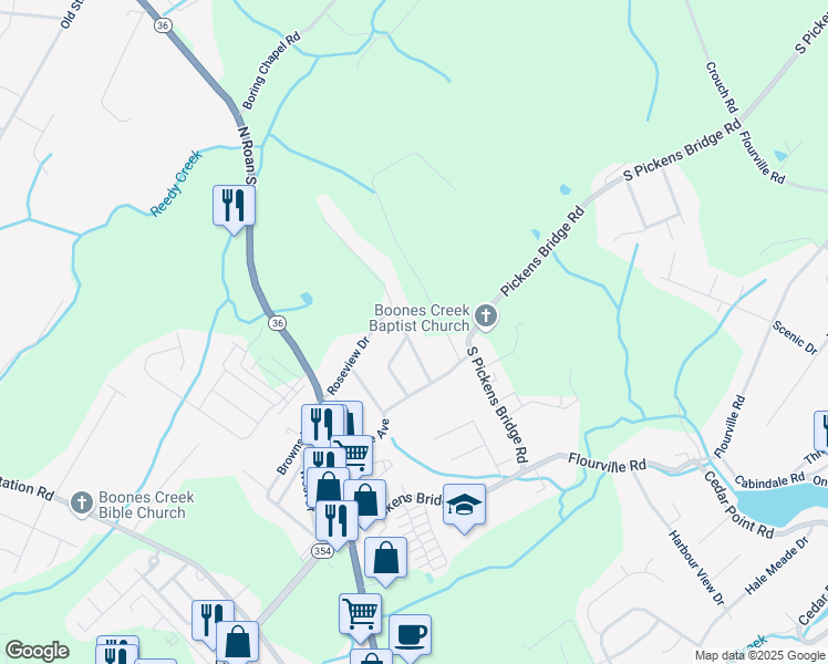 map of restaurants, bars, coffee shops, grocery stores, and more near 122 Bright Ridge Drive in Johnson City