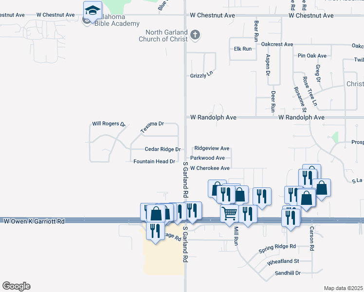map of restaurants, bars, coffee shops, grocery stores, and more near 105 South Eufaula Drive in Enid