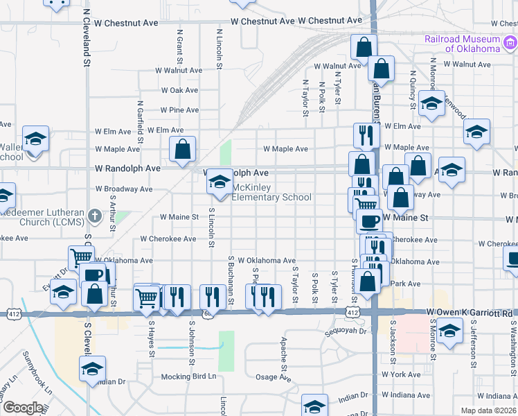 map of restaurants, bars, coffee shops, grocery stores, and more near 115 South Pierce Street in Enid