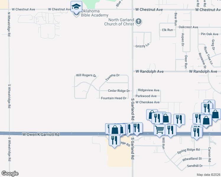 map of restaurants, bars, coffee shops, grocery stores, and more near 5606 Cedar Ridge Drive in Enid