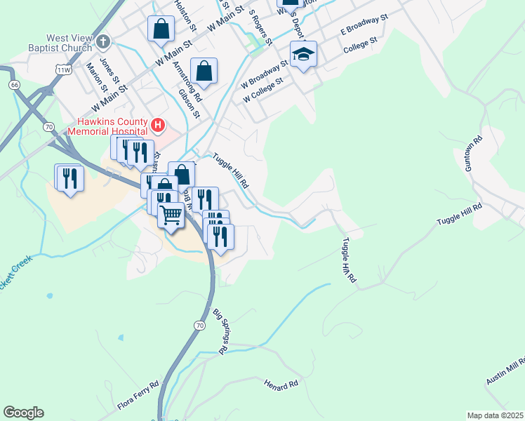 map of restaurants, bars, coffee shops, grocery stores, and more near 602 Tuggle Hill Road in Rogersville