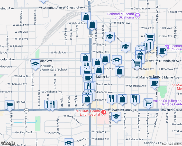 map of restaurants, bars, coffee shops, grocery stores, and more near 113 South Van Buren Street in Enid