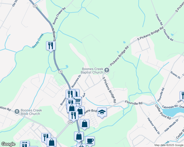 map of restaurants, bars, coffee shops, grocery stores, and more near 122 Bright Ridge Drive in Johnson City