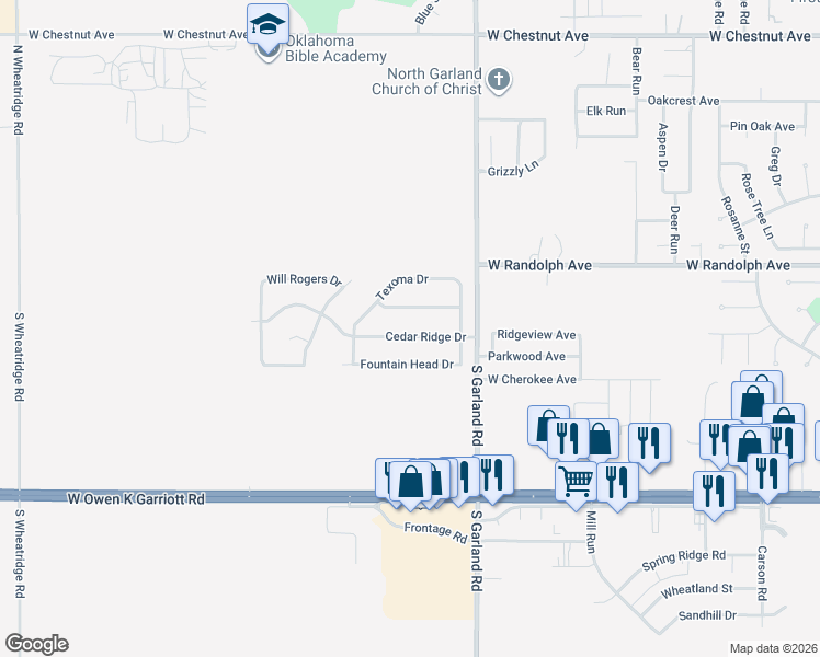 map of restaurants, bars, coffee shops, grocery stores, and more near 5606 Cedar Ridge Drive in Enid