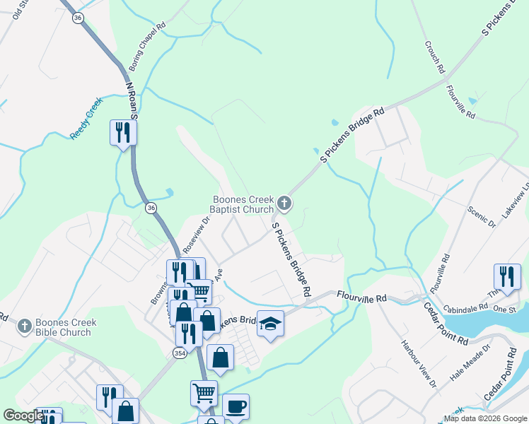map of restaurants, bars, coffee shops, grocery stores, and more near 112 Joe Hale Drive in Gray