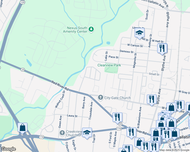 map of restaurants, bars, coffee shops, grocery stores, and more near 461 East Camp Trail in Gallatin