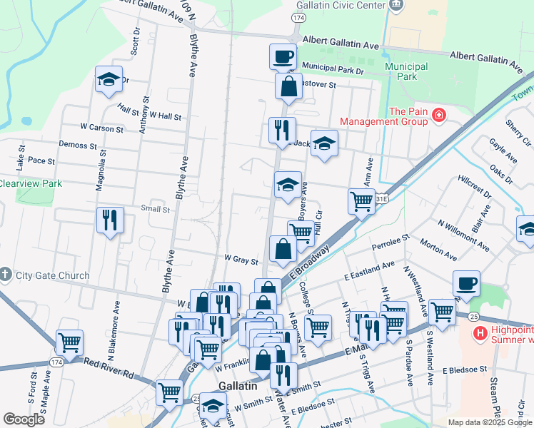 map of restaurants, bars, coffee shops, grocery stores, and more near 520 North Water Avenue in Gallatin