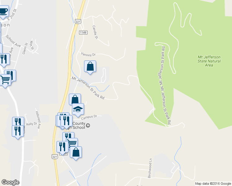 map of restaurants, bars, coffee shops, grocery stores, and more near 529 Mount Jefferson Saint Park Road in West Jefferson