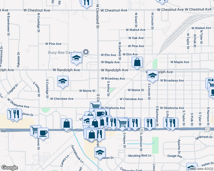 map of restaurants, bars, coffee shops, grocery stores, and more near 2302 West Maine Street in Enid