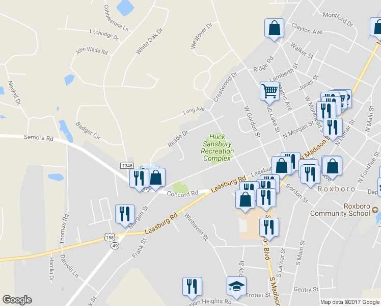 map of restaurants, bars, coffee shops, grocery stores, and more near 518 Edwin Court in Roxboro