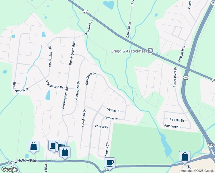 map of restaurants, bars, coffee shops, grocery stores, and more near 802 Baggins Court in Gallatin