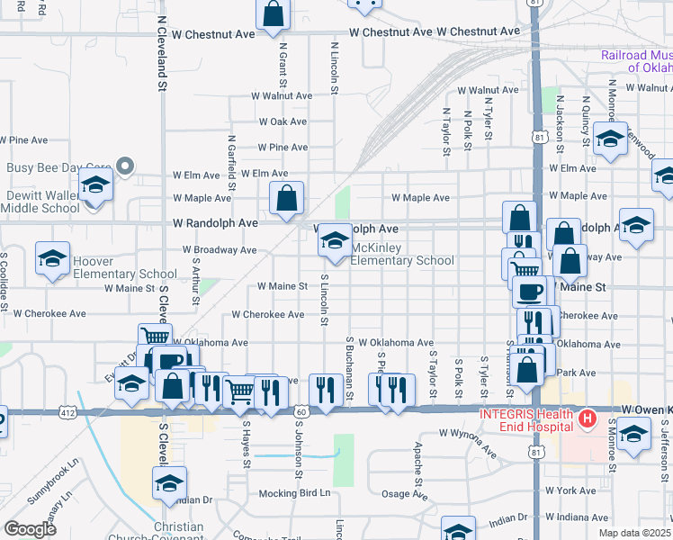 map of restaurants, bars, coffee shops, grocery stores, and more near 1701 West Broadway Avenue in Enid