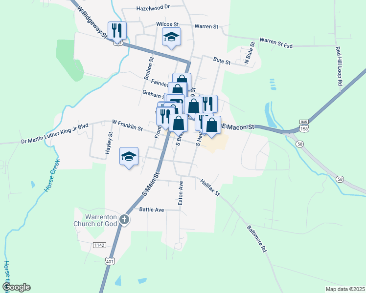 map of restaurants, bars, coffee shops, grocery stores, and more near 200-298 South Bragg Street in Warrenton
