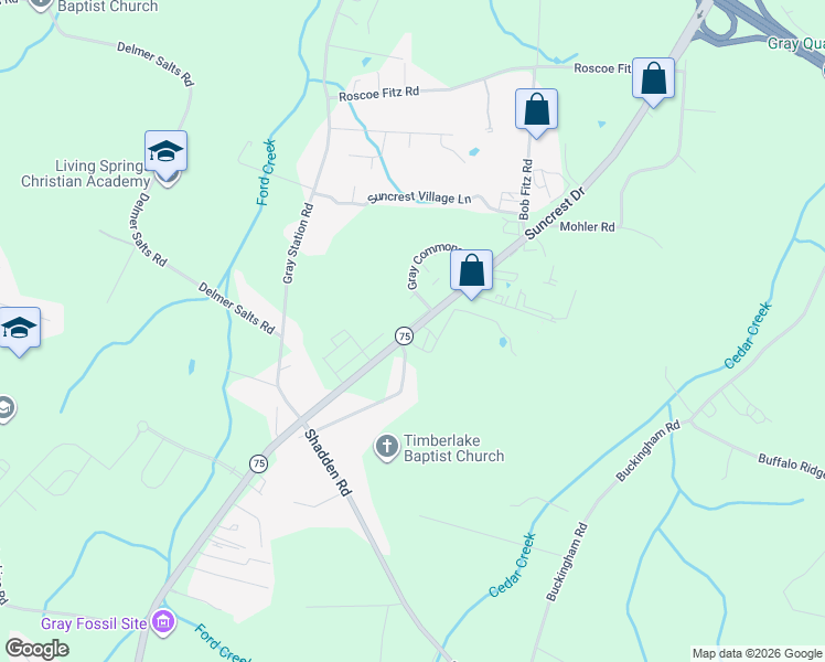 map of restaurants, bars, coffee shops, grocery stores, and more near 876 Suncrest Drive in Johnson City
