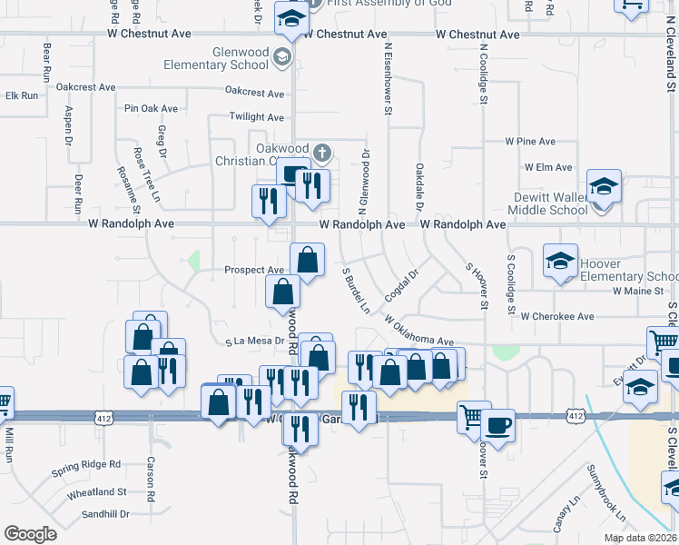 map of restaurants, bars, coffee shops, grocery stores, and more near 109 South Burdel Lane in Enid