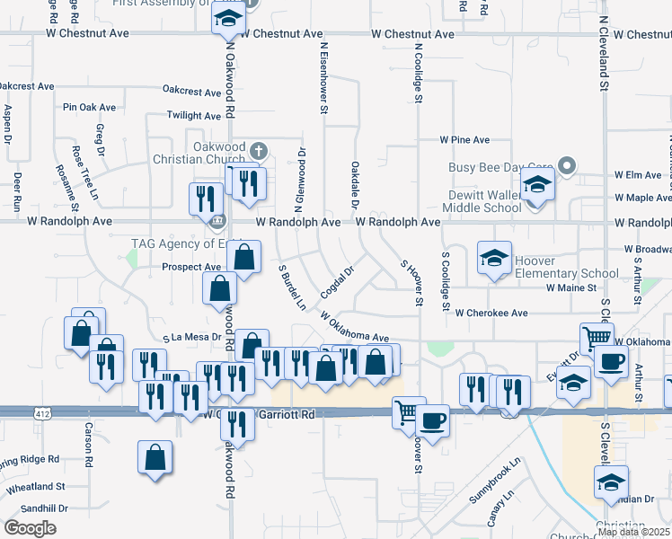 map of restaurants, bars, coffee shops, grocery stores, and more near 121 South Jane Lane in Enid