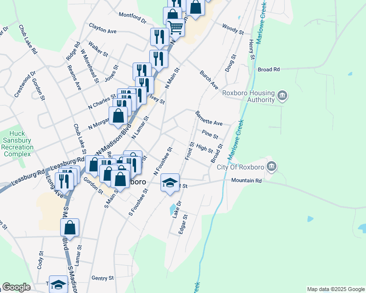map of restaurants, bars, coffee shops, grocery stores, and more near 213 Webb Street in Roxboro