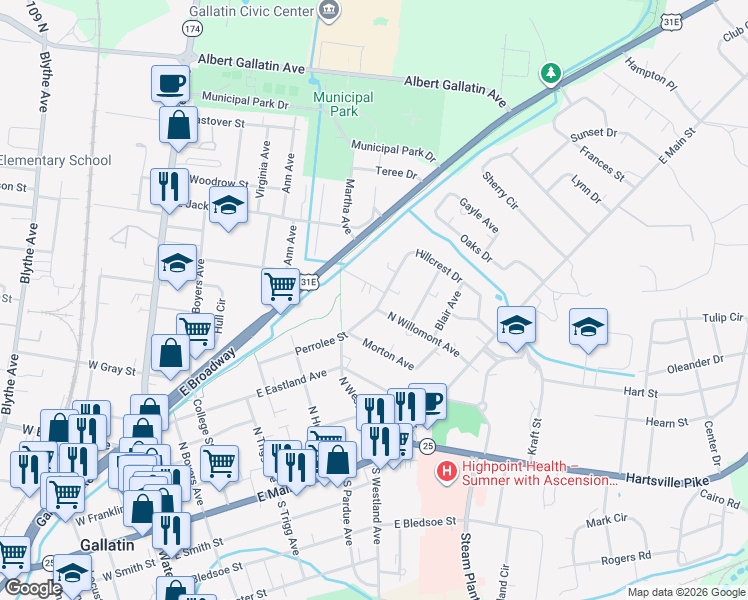 map of restaurants, bars, coffee shops, grocery stores, and more near 544 Perrolee Street in Gallatin