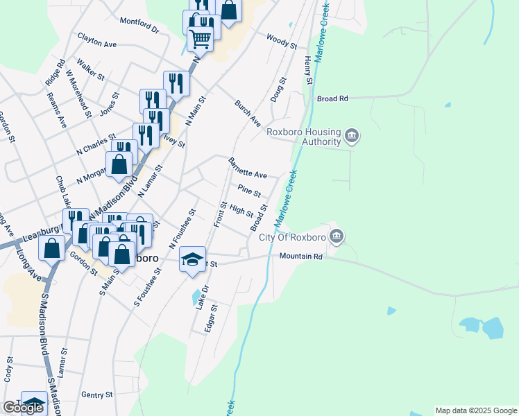 map of restaurants, bars, coffee shops, grocery stores, and more near 307 Broad Street in Roxboro