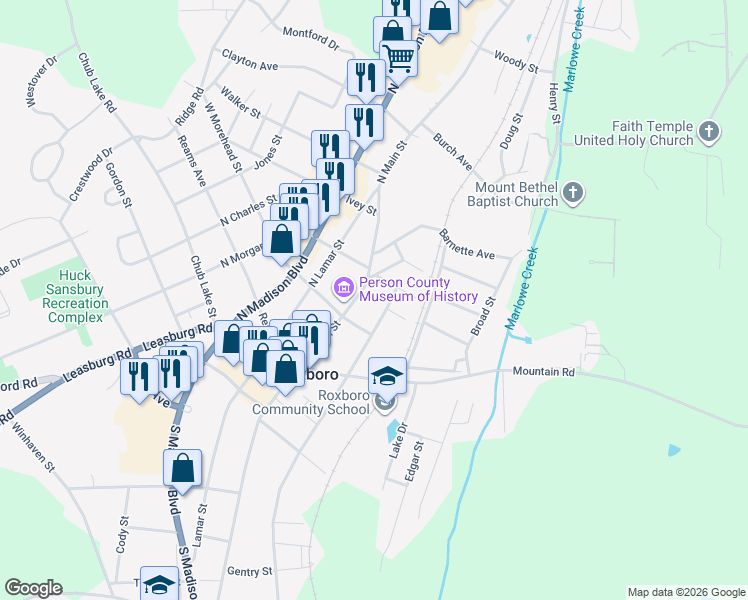 map of restaurants, bars, coffee shops, grocery stores, and more near 309-201 North Foushee Street in Roxboro