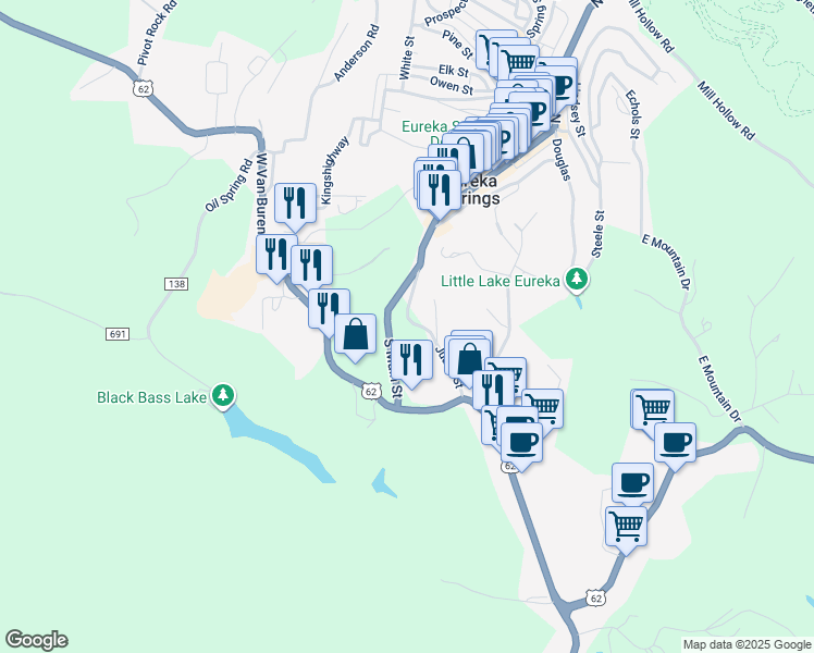 map of restaurants, bars, coffee shops, grocery stores, and more near 173 South Main Street in Eureka Springs