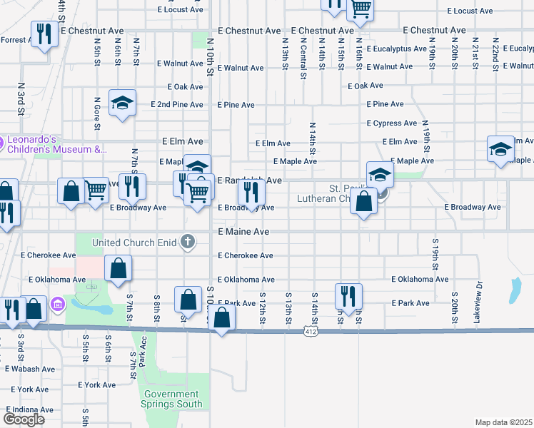 map of restaurants, bars, coffee shops, grocery stores, and more near 1212 East Maine Avenue in Enid