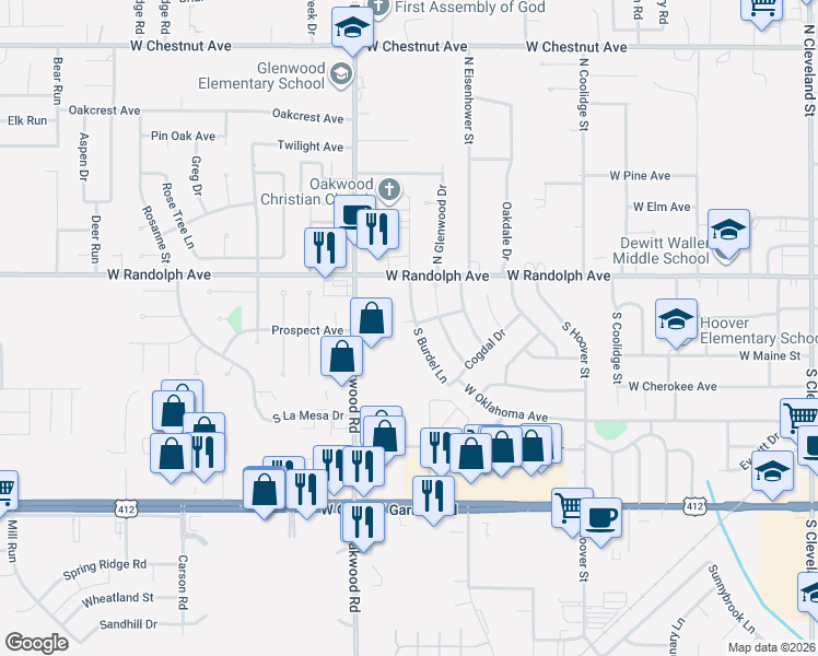 map of restaurants, bars, coffee shops, grocery stores, and more near 109 South Burdel Lane in Enid