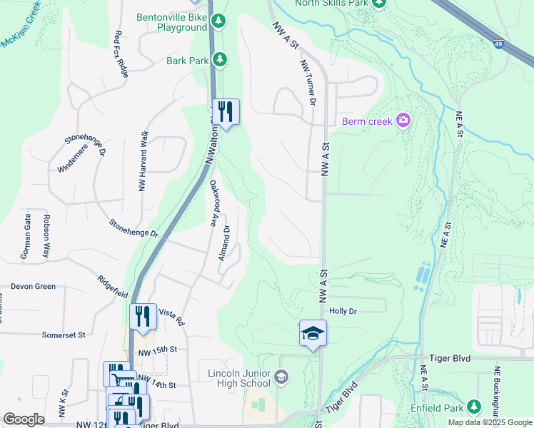 map of restaurants, bars, coffee shops, grocery stores, and more near 318 Northwest Lasalle Drive in Bentonville