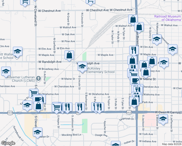 map of restaurants, bars, coffee shops, grocery stores, and more near 115 South Pierce Street in Enid