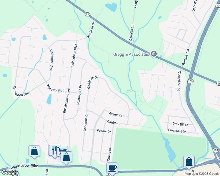 map of restaurants, bars, coffee shops, grocery stores, and more near 802 Baggins Court in Gallatin