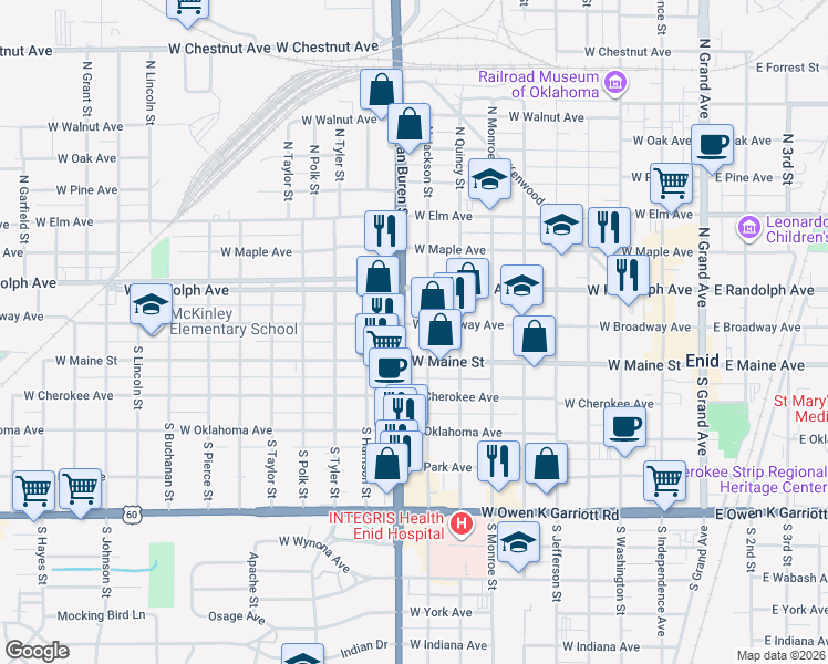 map of restaurants, bars, coffee shops, grocery stores, and more near 113 South Van Buren Street in Enid