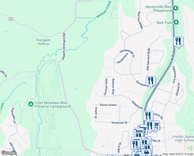 map of restaurants, bars, coffee shops, grocery stores, and more near 9 White Way in Bentonville