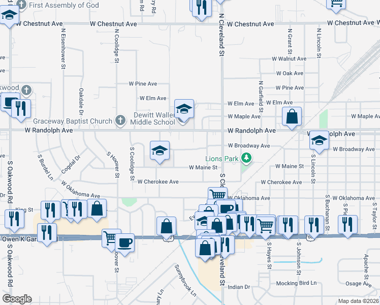map of restaurants, bars, coffee shops, grocery stores, and more near 2600 West Maine Street in Enid