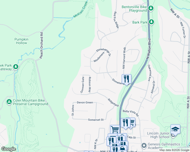 map of restaurants, bars, coffee shops, grocery stores, and more near 5 Geyer Road in Bentonville
