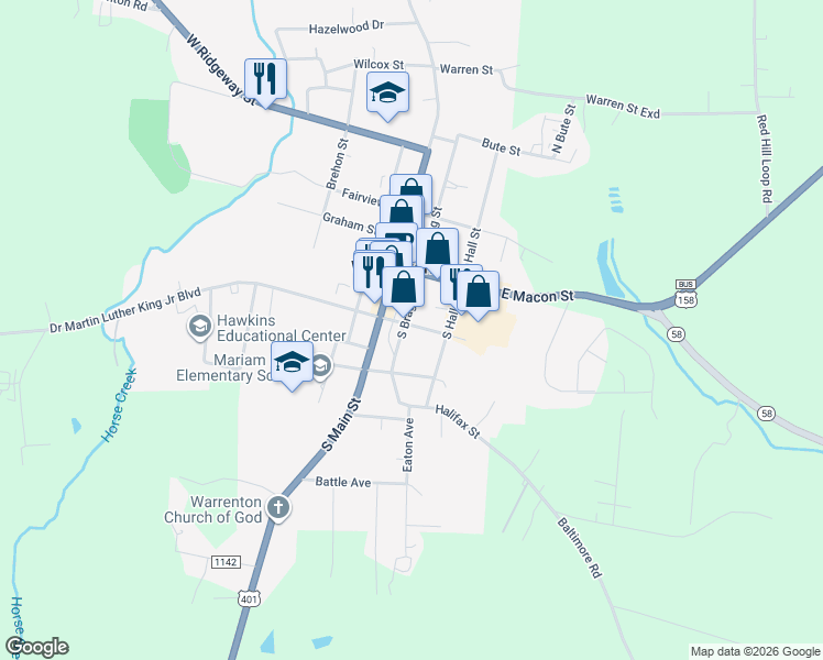 map of restaurants, bars, coffee shops, grocery stores, and more near 200 South Bragg Street in Warrenton