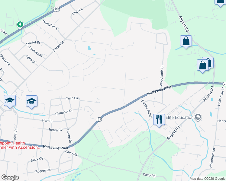 map of restaurants, bars, coffee shops, grocery stores, and more near 225 Hutch Court in Gallatin