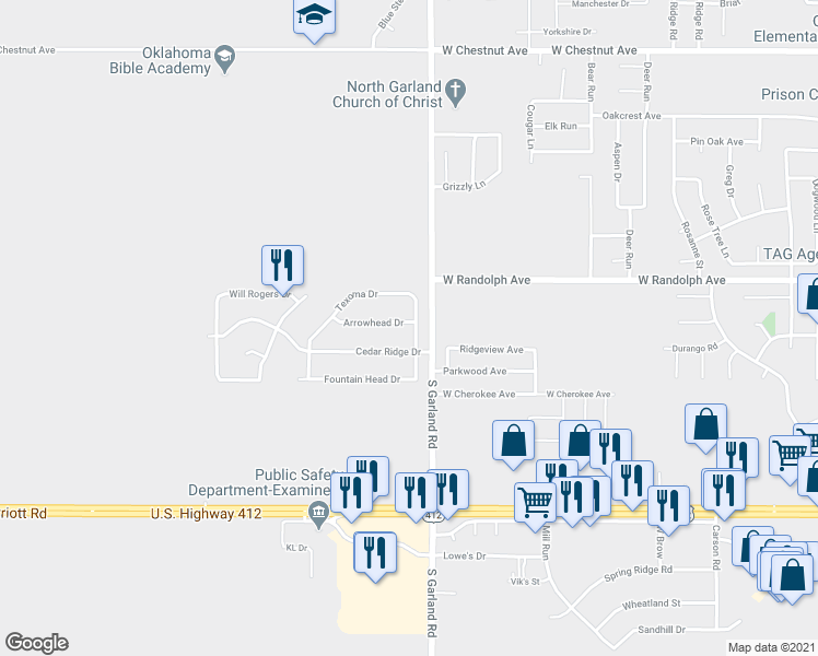 map of restaurants, bars, coffee shops, grocery stores, and more near 106 North Eufaula Drive in Enid