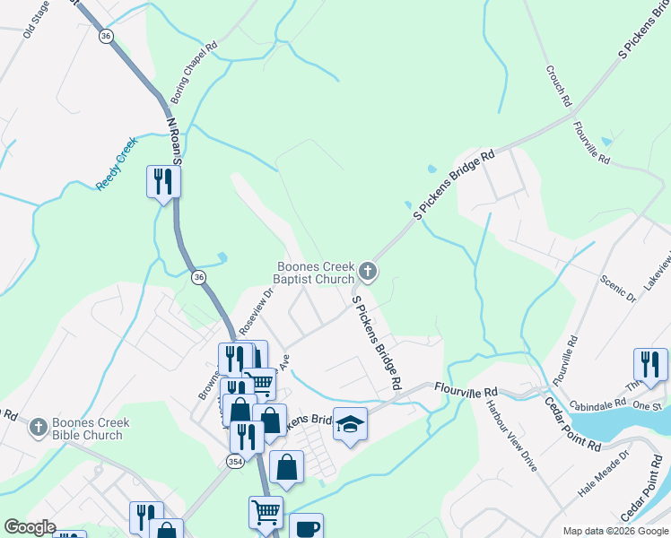 map of restaurants, bars, coffee shops, grocery stores, and more near 112 Joe Hale Drive in Gray